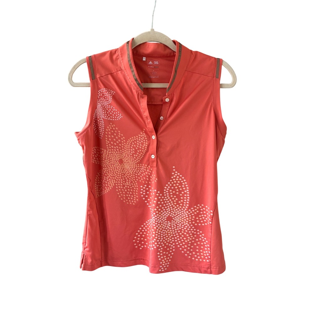 Adidas Golf Polo Shirt Women Medium Coral Excellent ClimaCool Sleeveless Floral